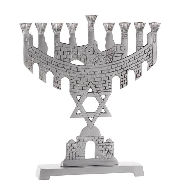 Menorah Standing With Jerusalem Aluminum Matt 9" Pictured Bed Bath